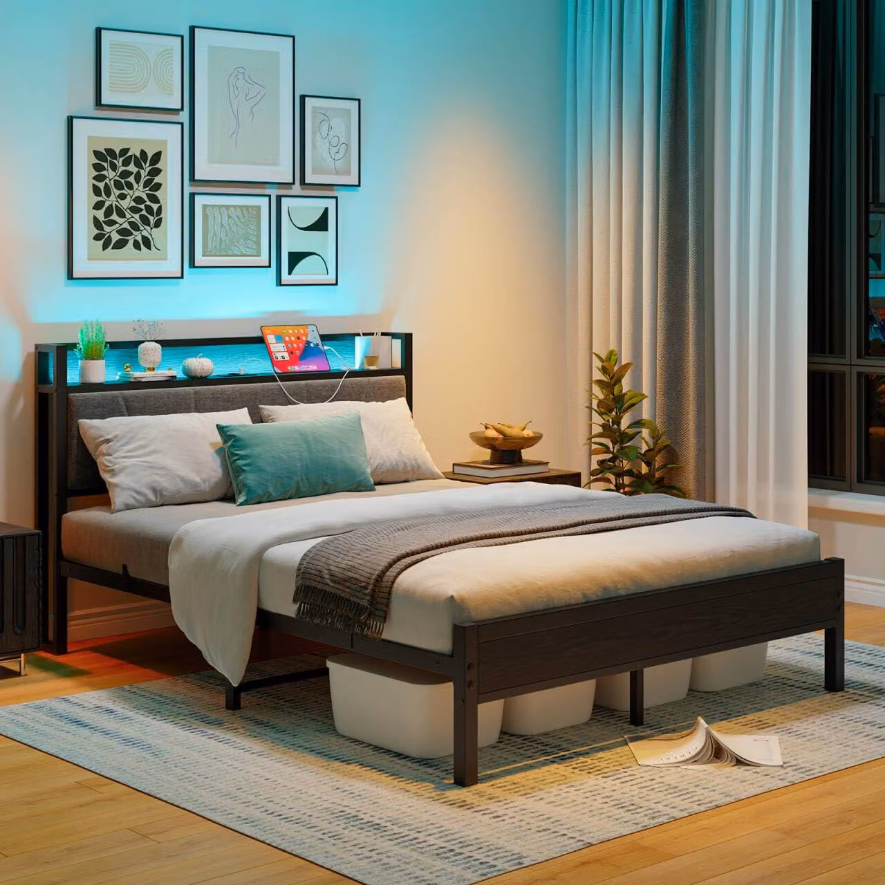 Letto matrimoniale in metallo, 120x200 cm, con illuminazione a LED, prese USB e spazio contenitivo, colore grigio