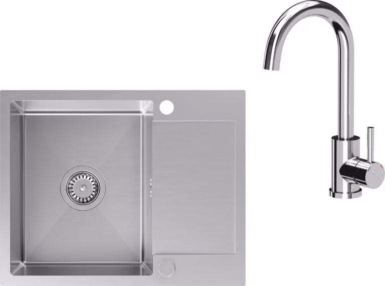 VBChome Lavello in acciaio inox con rubinetto 60 x 48 cm Lavello da incasso in acciaio inox spazzolato con due fori Lavello grande Lavello da cucina con sgocciolatoio Sifone