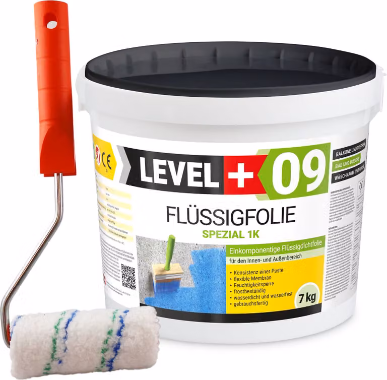 Set di rulli di vernice 10 cm + Foglio impermeabile liquido flessibile Balcone Bagno 7 kg LEVEL PLUS 09