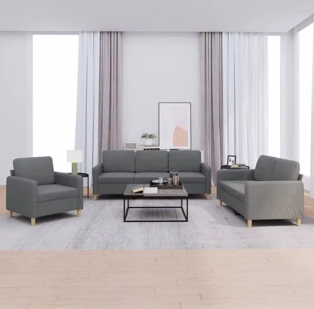 Set di divani 3 pezzi vidaXL in tessuto grigio con cuscini e braccioli per soggiorno moderno