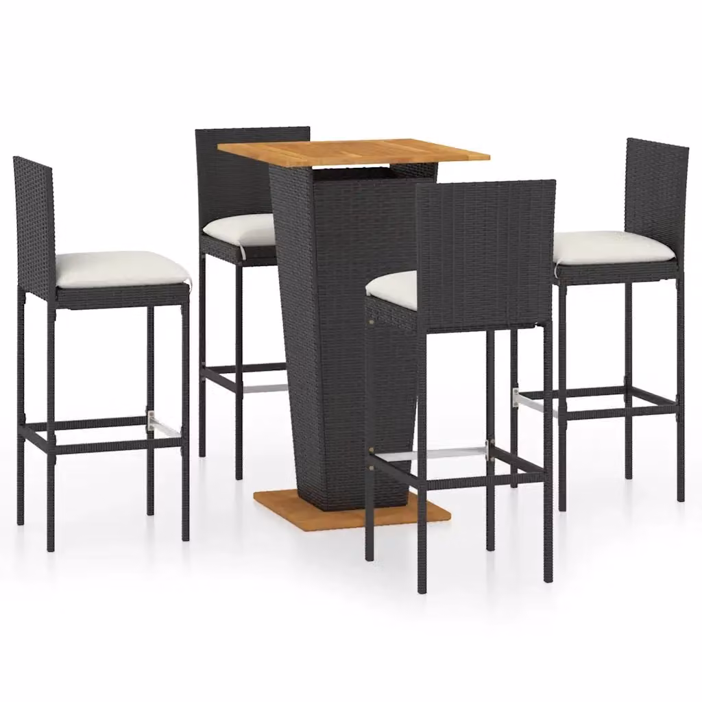 Set da Bar da Giardino vidaXL in Polyrattan e Legno di Acacia con Cuscini Nero e Beige – 2