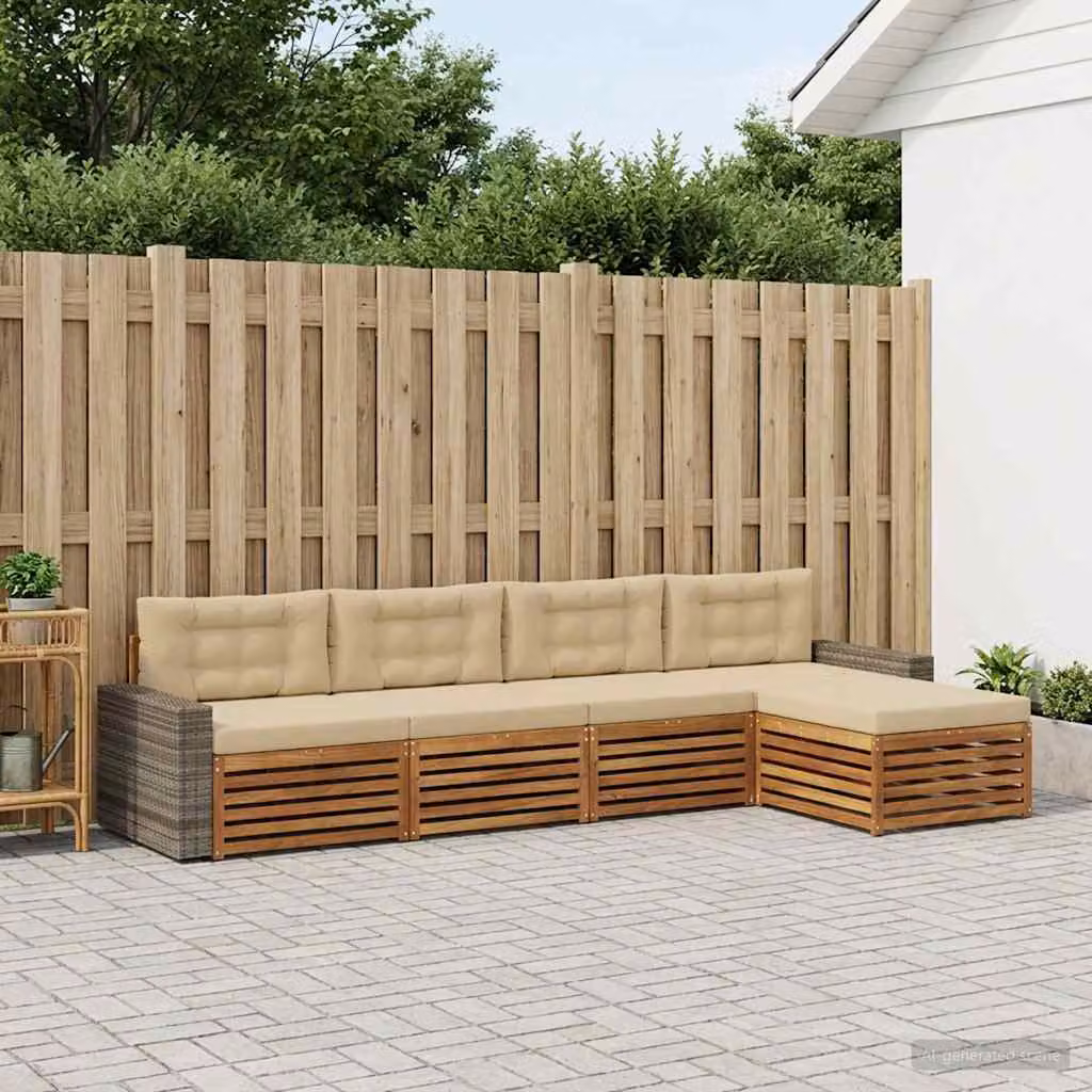 Set di divani da esterno vidaXL a forma di L in legno di acacia con pouf e cuscini, colore beige e sabbia