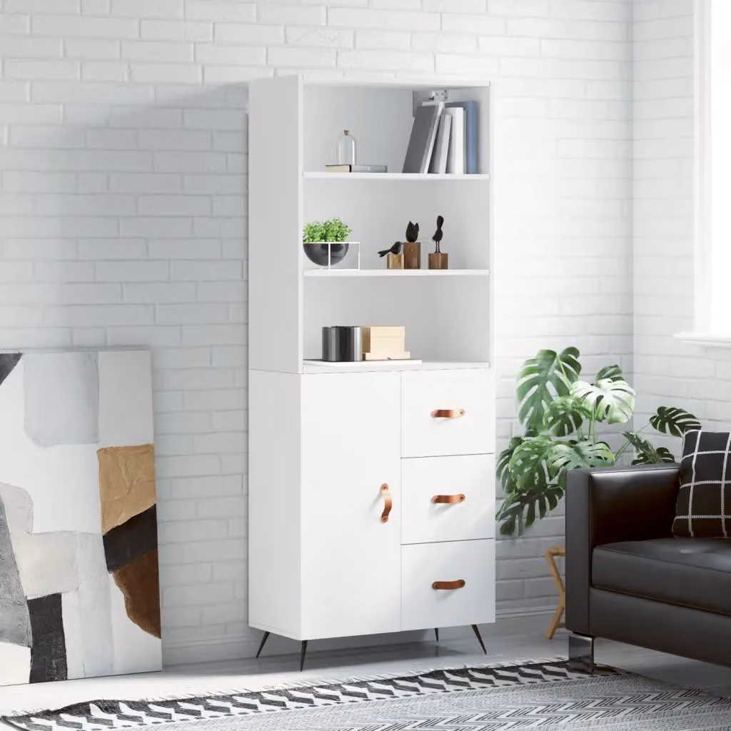 Credenza moderna vidaXL in legno multistrato e metallo, colore bianco, L: 69,5 cm, P: 34 cm, H: 180 cm