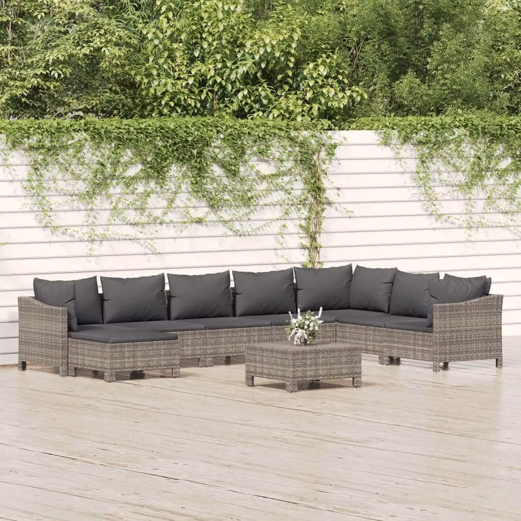 Set di divani da giardino vidaXL 9 pezzi in rattan grigio con cuscini e struttura in metallo