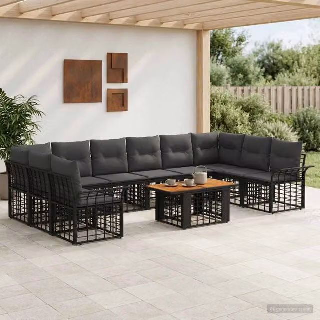 Set Divano da Giardino 11 pz Nero e Grigio scuro polyrattan 3438011