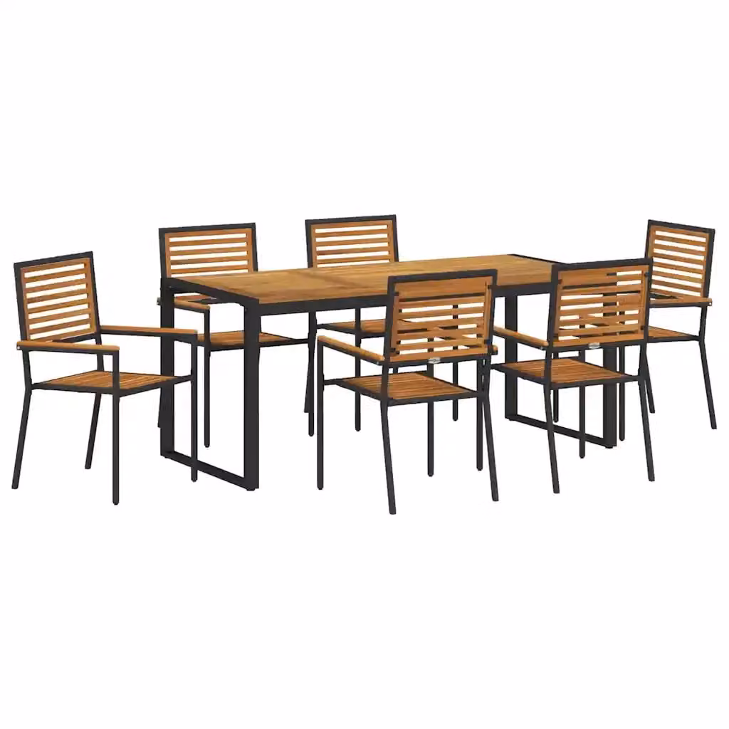 Set da pranzo per giardino e terrazzo vidaXL in polyrattan da 7 pezzi, colori nero e marrone, con tavolo in legno di acacia – 2