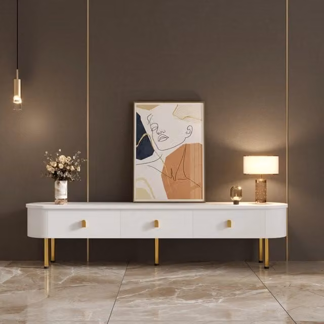 Mobile TV Lowboard con Cassetti ¨C MINIMAL ¨C Nero, Gambe Dorate, Ante con Angoli Arrotondati