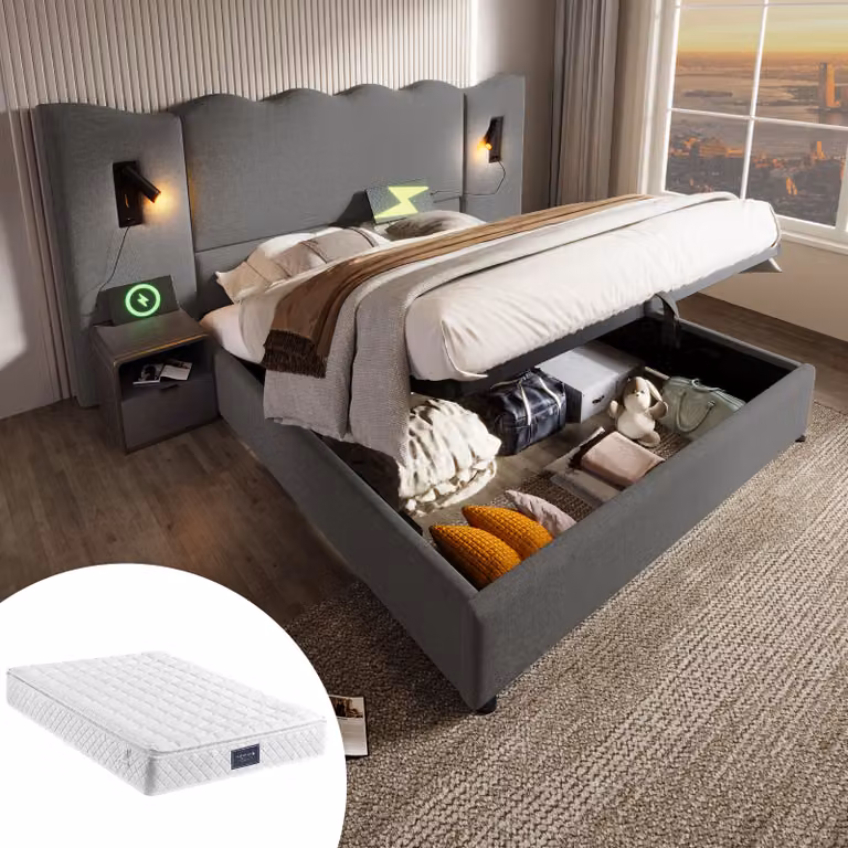 MODFU Letto imbottito, letto matrimoniale con contenitore idraulico 160×200, con comodino, lampada da lettura e funzione di ricarica USB Type-C, struttura in legno massello e metallo, grigio, lino (con materasso)