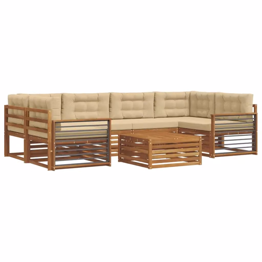 Set di divani da esterno vidaXL a forma di L composto da 7 pezzi con tavolo da caffè, in legno di acacia e tessuto beige – 2
