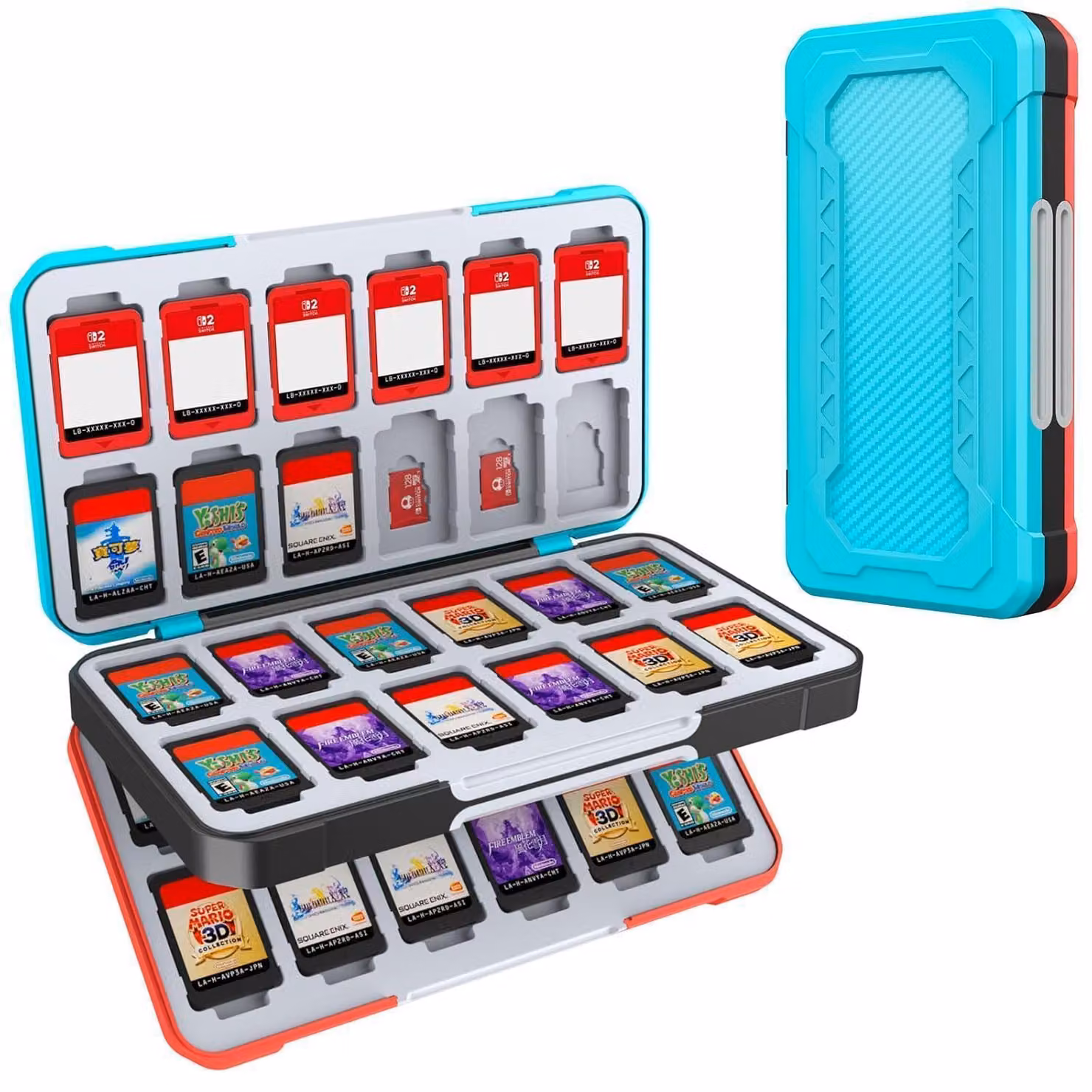 Custodia per Nintendo Switch 2/Lite/OLED con 48 slot per schede di gioco e 24 slot per schede Micro SD, in fibra di carbonio, colore blu e rosso