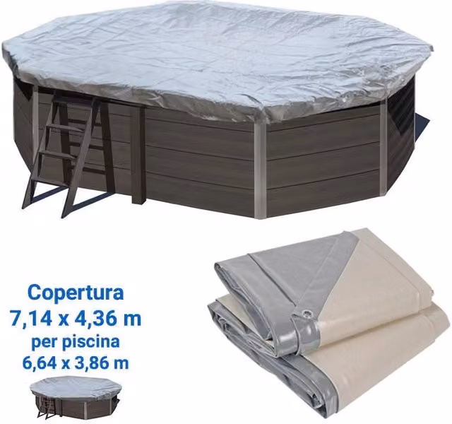 Copertura Invernale 8,54 X 4,36 M Per Piscina In Legno Composito Ottagonale Allungata Wpc Wood Di 8,04 X 3,86 M Dimensione piscina: 6.64 X 3.86 m