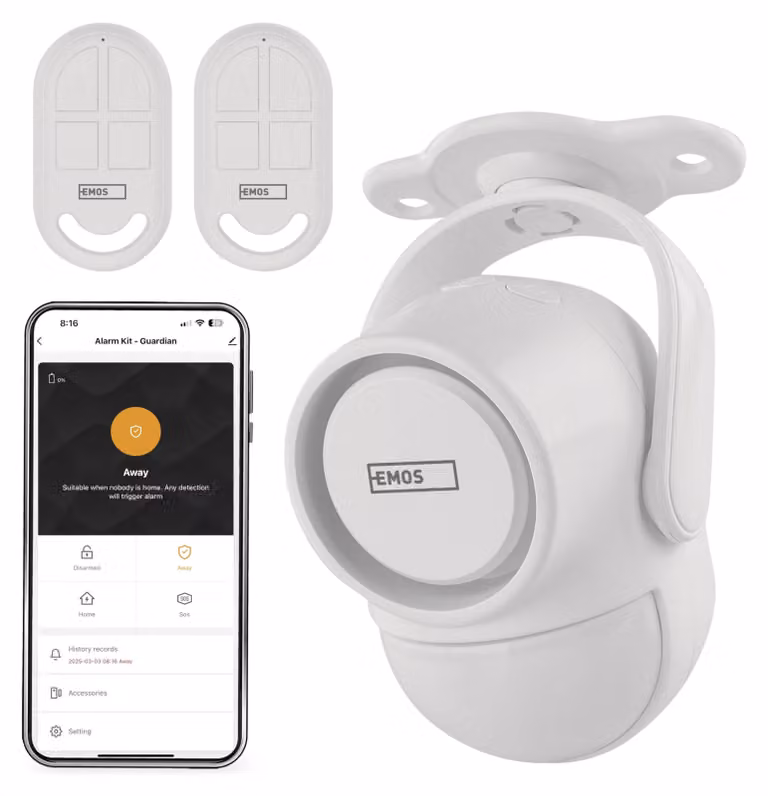 EMOS GoSmart: sensore di movimento PIR con allarme, sirena da 125 dB e app, funzionamento duale, 2 telecomandi e 6 sensori per porte, Tuya, Wi-Fi a 2,4 GHz, H5030