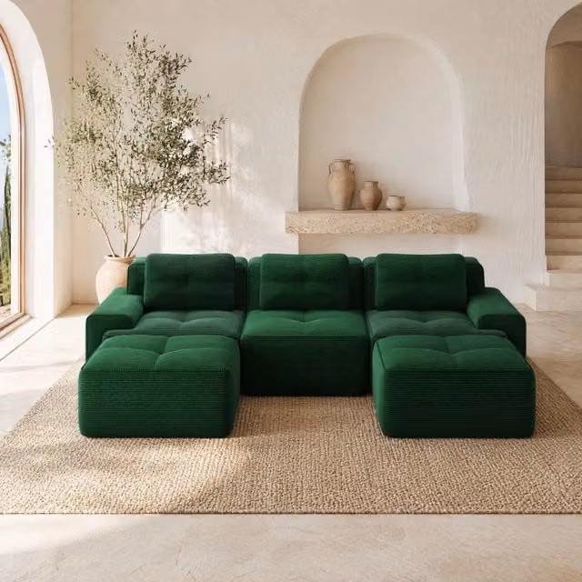 Divano modulare a U 293x177 cm in velluto a coste verde con seduta profonda HOMVRA