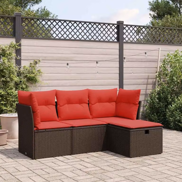 Set Divano da Giardino vidaXL 4 pz a L con Cuscini Marrone e Rosso in Polyrattan e Metallo