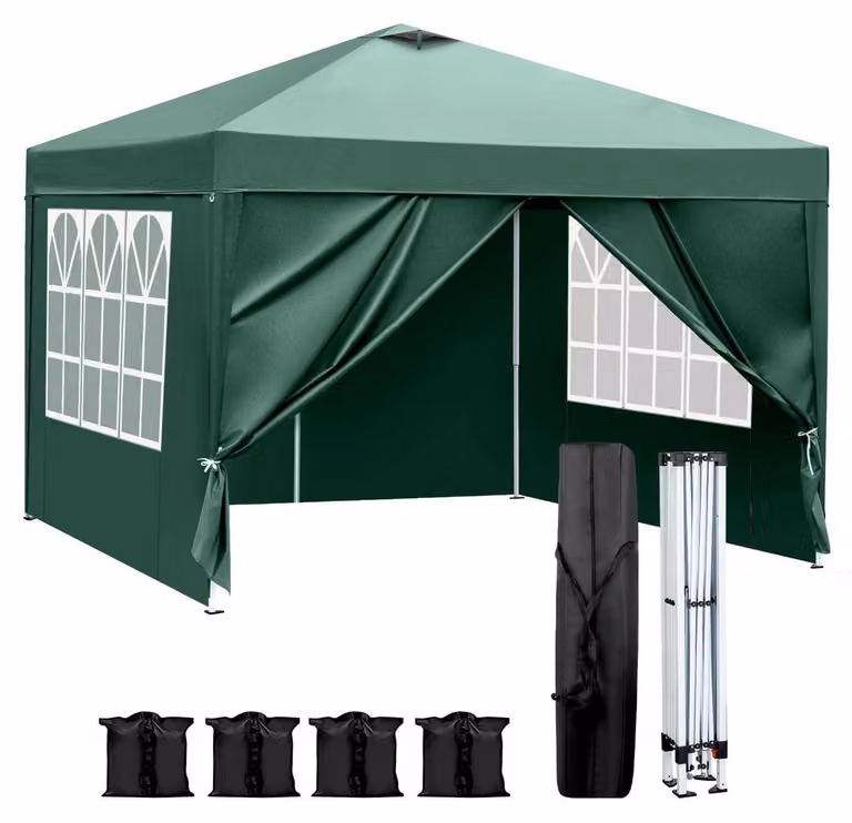 Tenda pop-up 3x3 metri, impermeabile, con protezione UV 50+, regolabile in altezza, di colore verde, con 4 pareti laterali