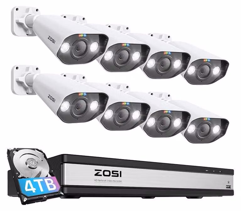 Sistema di telecamere di sicurezza, risoluzione 8MP, tecnologia di riconoscimento basata sull'intelligenza artificiale, 16 canali per 8 telecamere, capacità di archiviazione 4TB