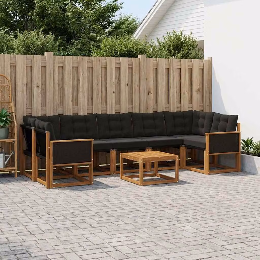 Set di divani da esterno vidaXL 8 pezzi in legno di acacia con tavolino e cuscini, colore marrone e nero