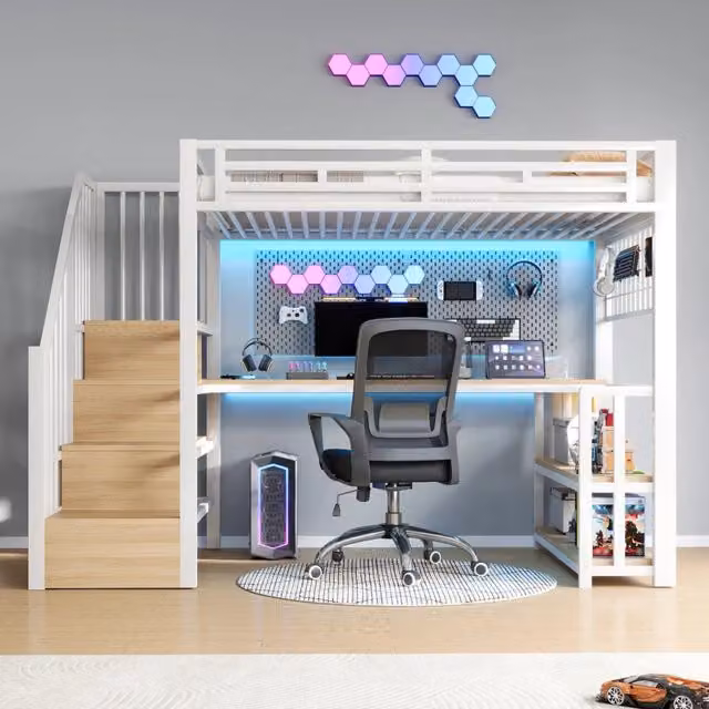 Letto a soppalco singolo MIVRAY bianco con scrivania, scala con contenitore, ripiano, illuminazione LED e porte USB e Type-C, L/P/H: 200 x 90 x 160 cm