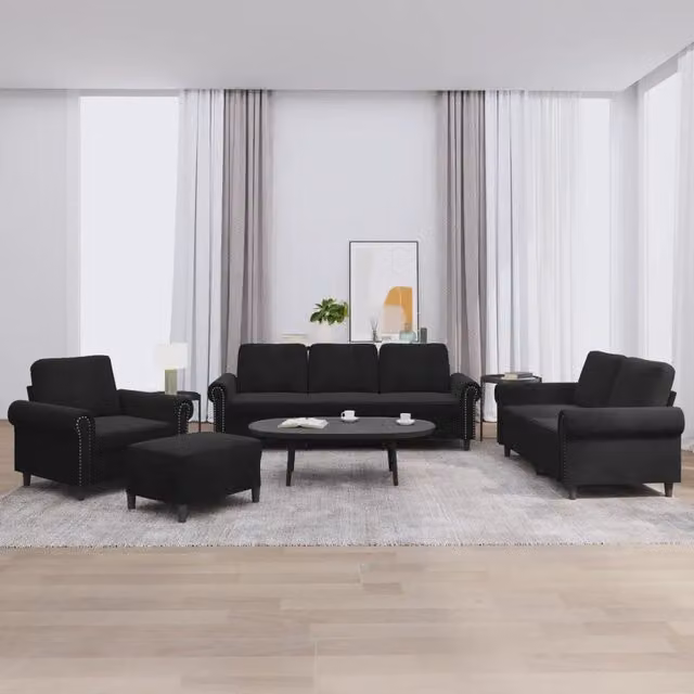 Set di divani moderno vidaXL in velluto nero composto da divano a 3 posti, divano a 2 posti e pouf con cuscini inclusi