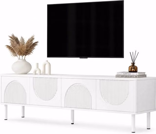 DESMIU Mobile TV 180 cm in bianco opaco con 4 scomparti e gestione cavi – design moderno per soggiorno, camera o corridoio