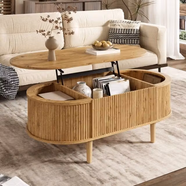 Tavolino da salotto ovale regolabile in altezza con vano contenitore; rovere