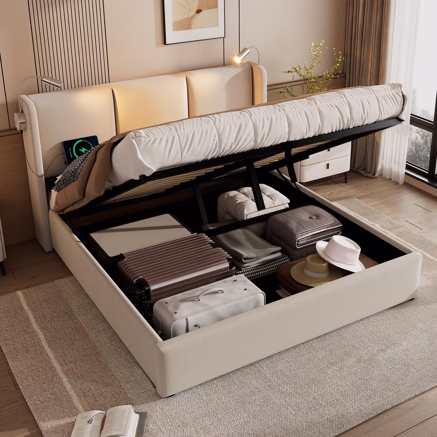 Letto per ragazzi STILVORA 140x200 cm, letto imbottito con funzione di ricarica USB nella testiera, letto matrimoniale con contenitore, letto con spazio contenitivo in tessuto di lino, beige (senza materasso)