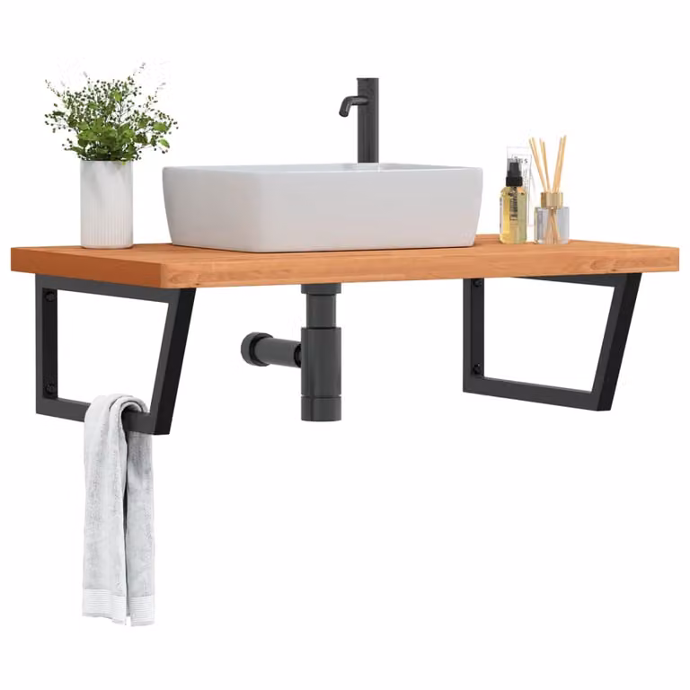 vidaXL Ripiano a Parete per Lavabo Moderno in Legno di Faggio e Metallo, Nero e Marrone, L: 60 cm, P: 3 cm, H: 60 cm