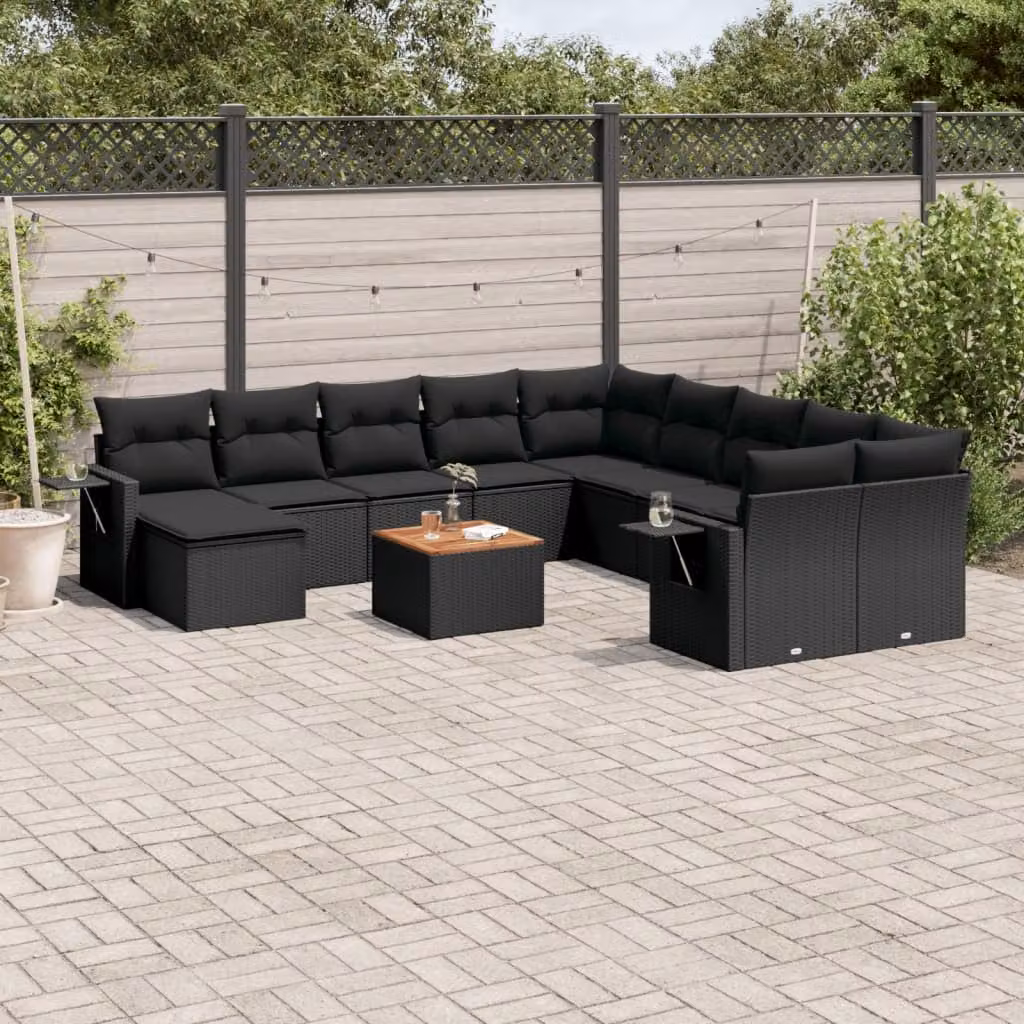 vidaXL Set Divani da Giardino a Forma di U in Polyrattan Nero con Cuscini e Tavolino da Esterno – 1