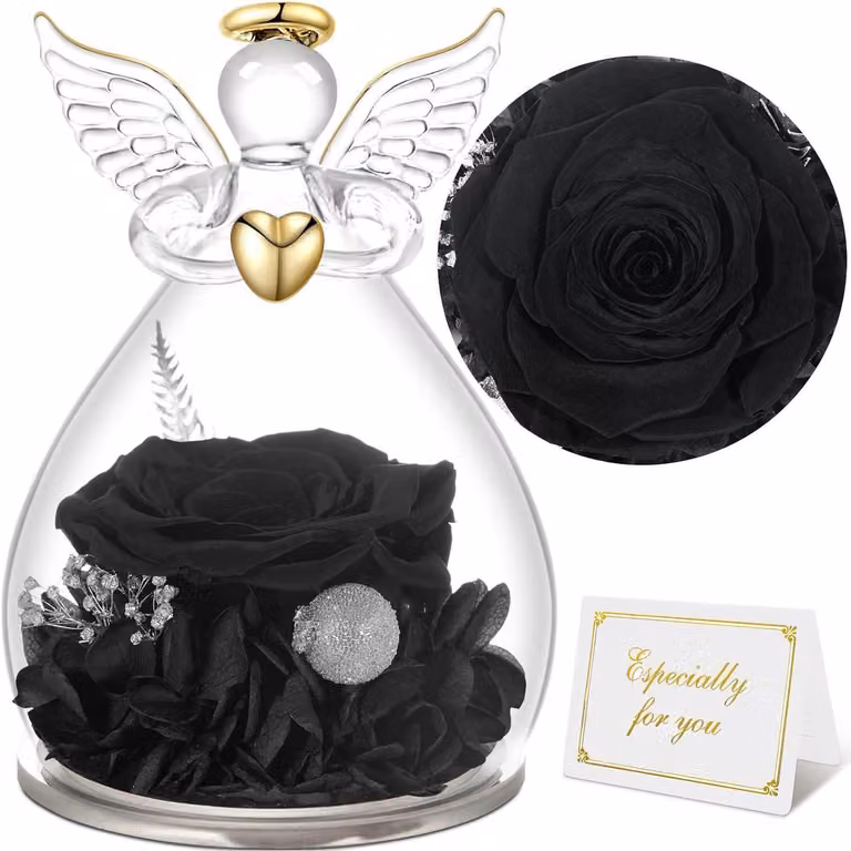 Angelo con rosa eterna, statuina in vetro, regalo per donne, mamma, festa della mamma, Natale, San Valentino, colore nero