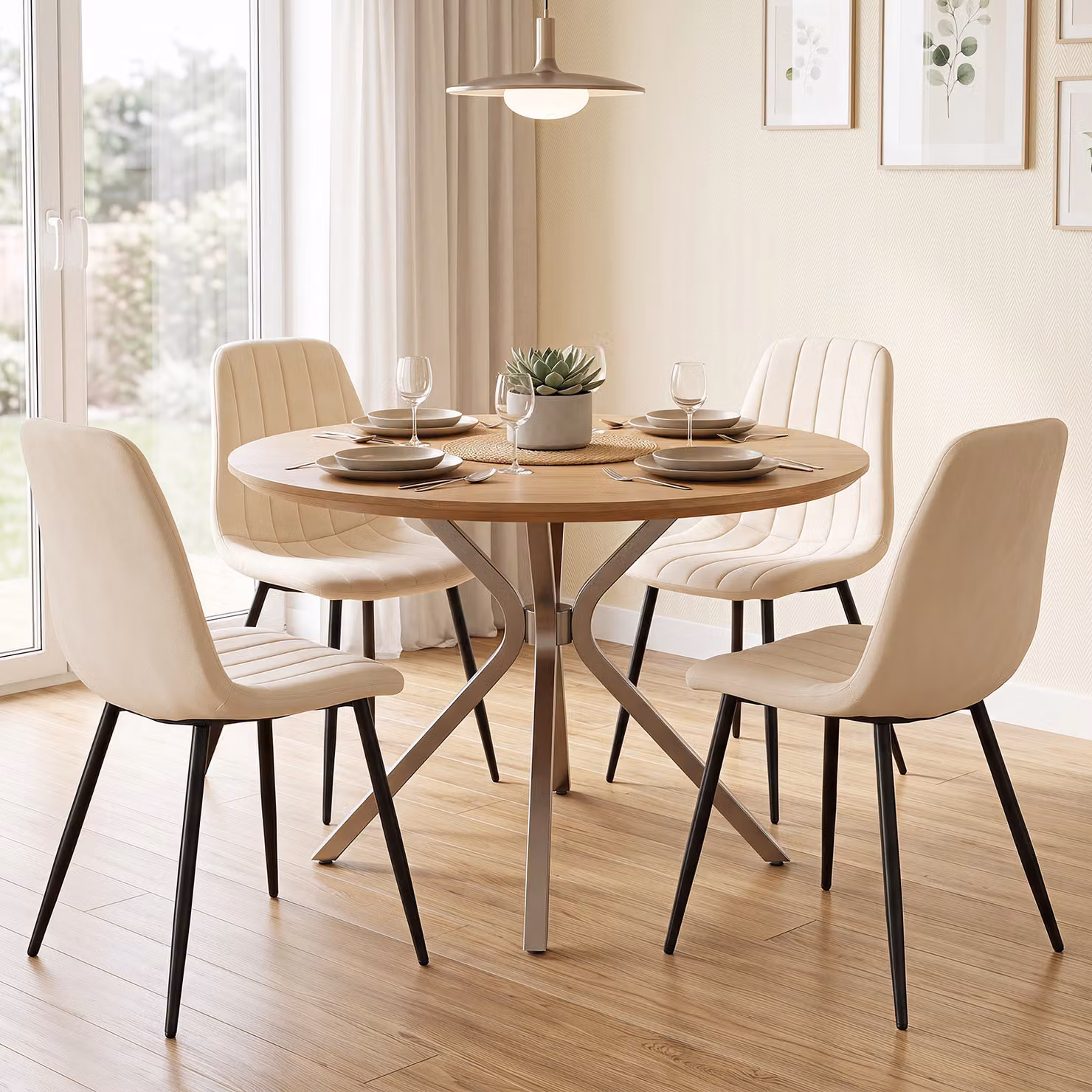 Set di 4 sedie da pranzo moderne Costway in tessuto beige con seduta imbottita in schiuma e struttura in metallo per soggiorno, cucina o camera da letto