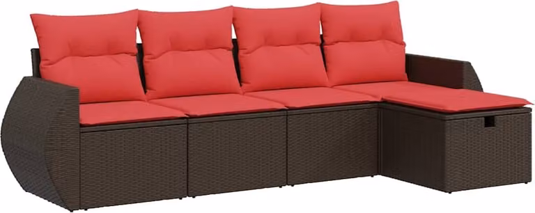 Set Divano da Giardino 5 pz con Cuscini Marrone in Polyrattan