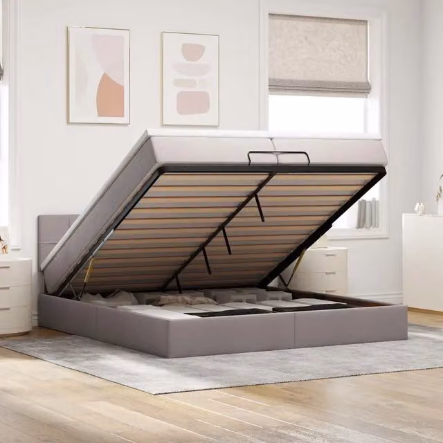 Letto con contenitore a sollevamento vidaXL in tessuto beige e grigio con illuminazione sottostante e porte USB, L 200 x P 200 x H 280 cm – 1
