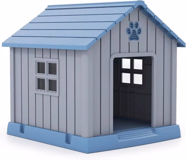 Cuccia per cani piccoli e medi in plastica blu, impermeabile e isolata con pavimento rialzato e tetto rimovibile per interni ed esterni
