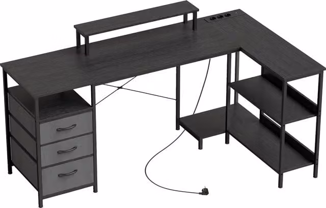 Scrivania Angolare a L HOMCOM Reversibile con Cassetti e Ripiani, Nero, 170 cm