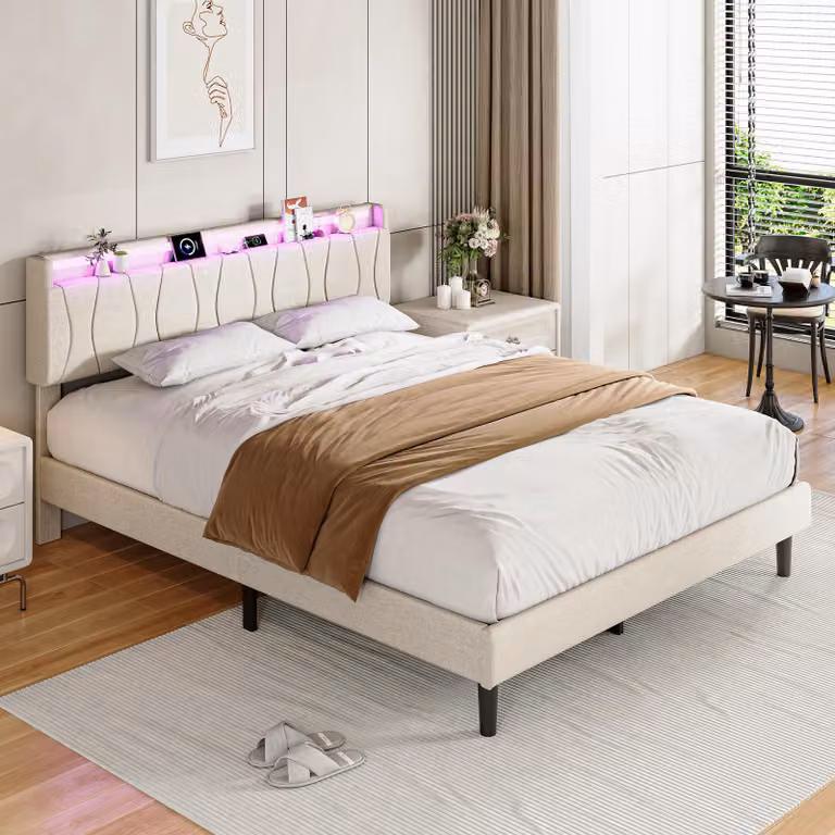 Letto imbottito REMZETTA, 160 x 200 cm, letto matrimoniale per adulti con rete a doghe, testiera imbottita in lino, illuminazione LED RGB, porta USB-C e 2 porte USB, color beige