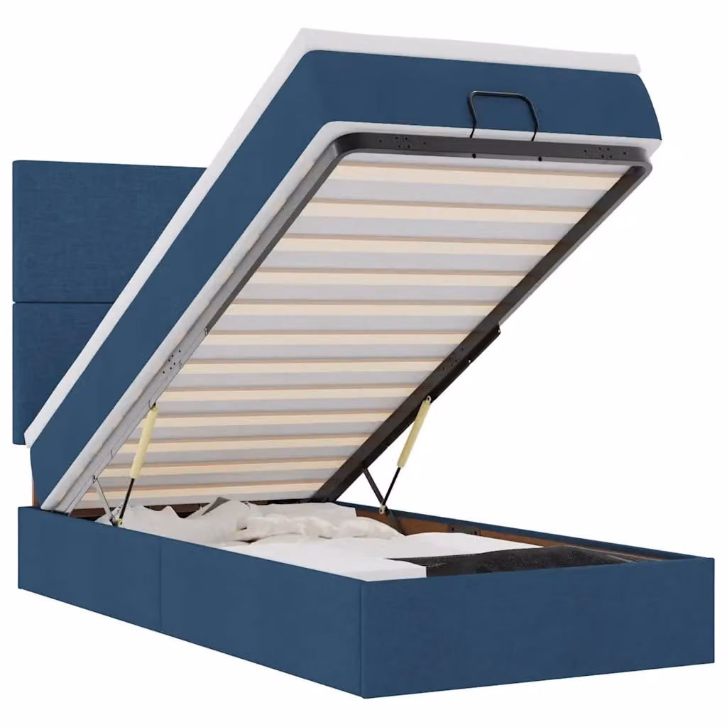 Letto con contenitore a sollevamento e materasso vidaXL in tessuto blu e bianco, dotato di luci sotto il letto e porte di ricarica USB, L/P/H: 193 x 90 x 140 cm – 2
