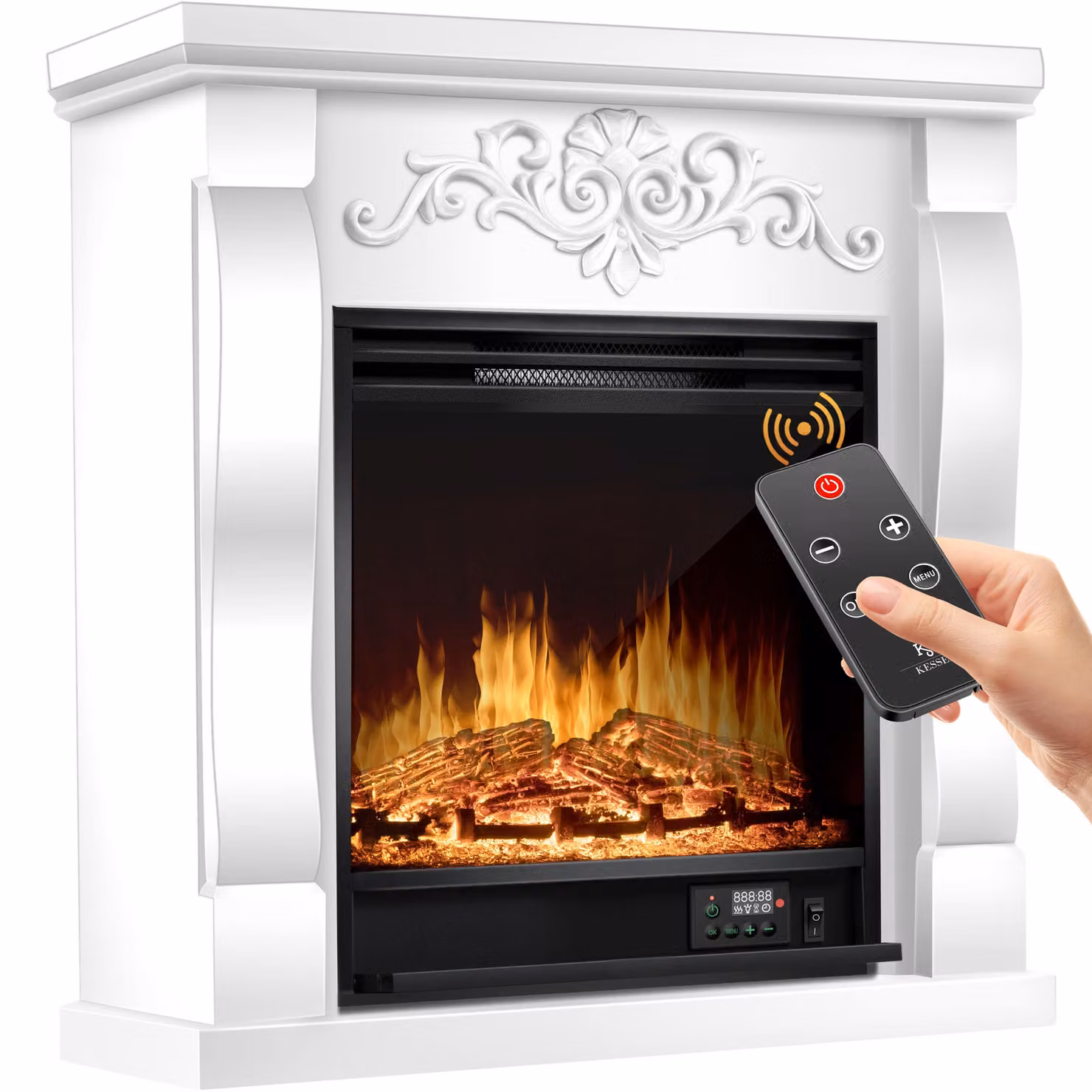 KESSER® Caminetto elettrico da pavimento, effetto fiamma 3D LED, 1800W, con timer settimanale e termostato