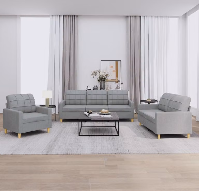 Set di Divani 3 pz con Cuscini Grigio Chiaro in Tessuto