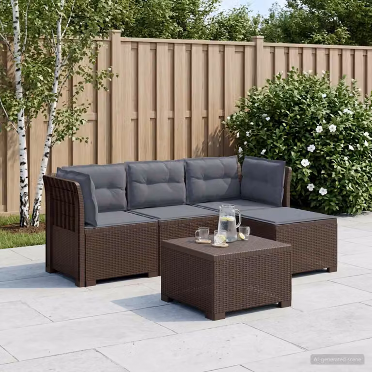Divano da giardino angolo vidaXL a 4 posti con cuscini in rattan resistente alle intemperie e ai raggi UV, grigio o marrone