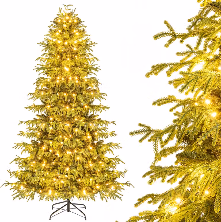 COSTWAY 210cm albero di Natale artificiale con 1090 punte di rami&370 luci LED bianco caldo, albero di Natale artificiale albero di Natale illuminazione verde