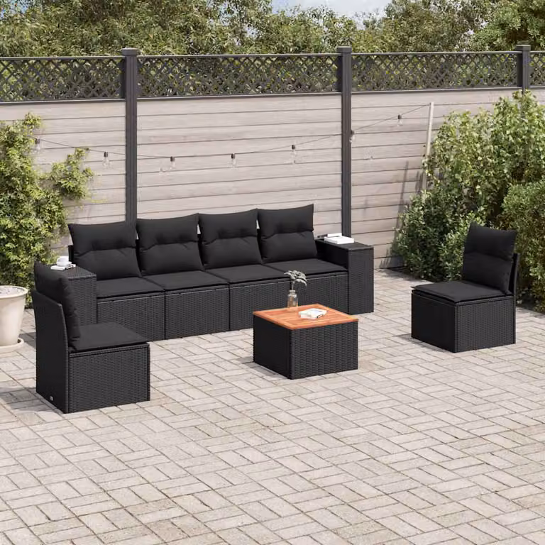 vidaXL Set Divani da Giardino in Polyrattan Nero con 7 Cuscini e Tavolino da Esterno