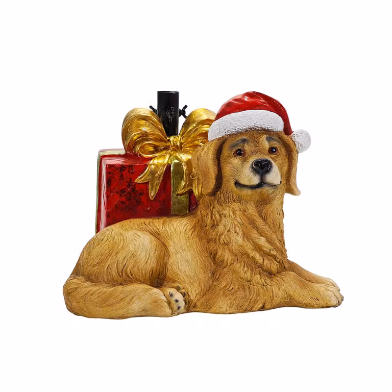 Base Albero di Natale con Cane e Pacco Regalo VESTIAMO CASA, Colori Nero, Oro e Rosso, H 36 cm x L 46 cm x P 36 cm