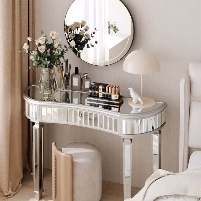 Tavolo consolle a mezzaluna con specchio e cassetto; 120 x 38 x 78 cm; grigio e argento
