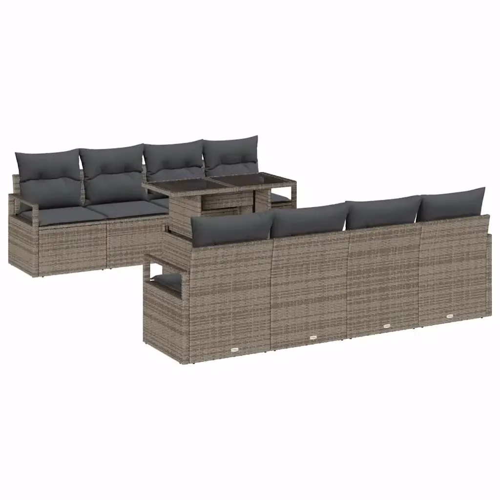 Set Divano da Giardino vidaXL 9 Pezzi in Polyrattan Grigio con Cuscini e Tavolino – 2