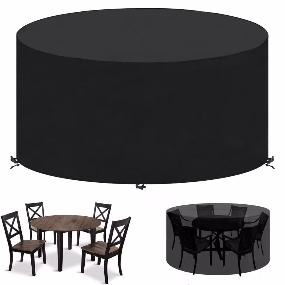Copertura impermeabile per tavolo da giardino rotondo - Copertura per mobili da giardino, impermeabile - Dimensioni: 163x70 cm - Protezione UV - Adatta per sedie e tavoli da pranzo - Colore: nero