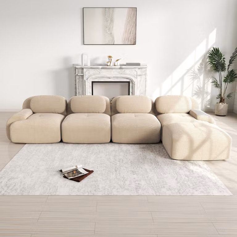 Divano angolare Sweiko a 4 posti con rivestimento altamente elastico 32D, antiscivolo, con chaise longue, braccioli extra larghi, liberamente combinabile, senza montaggio per ufficio, soggiorno e home cinema, beige