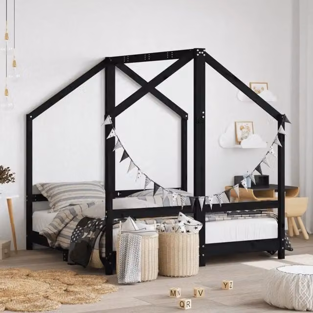 Giroletto per Bambini Nero 2x(70x140) cm Legno Massello di Pino 3200594