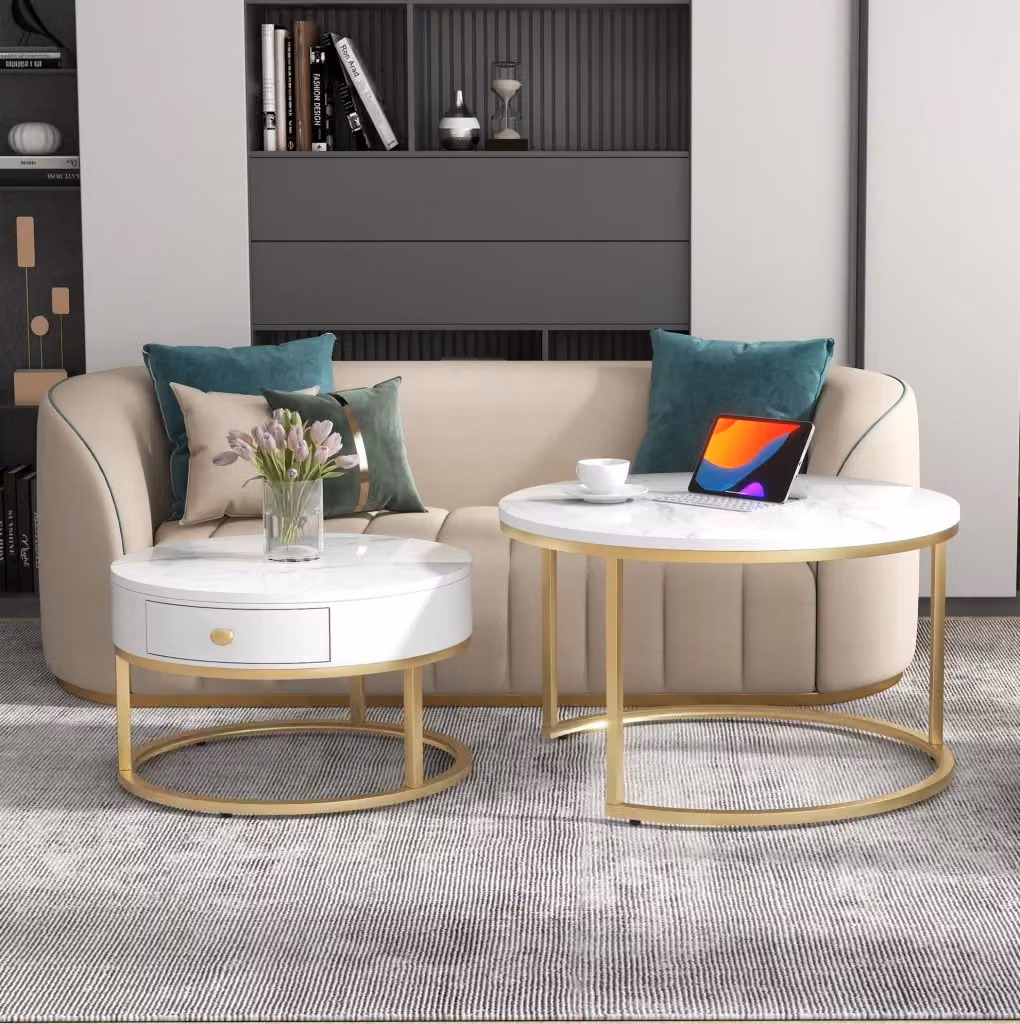 Set di 2 tavolini da salotto rotondi impilabili MODFU in MDF bianco lucido effetto marmo e dettagli oro – 2
