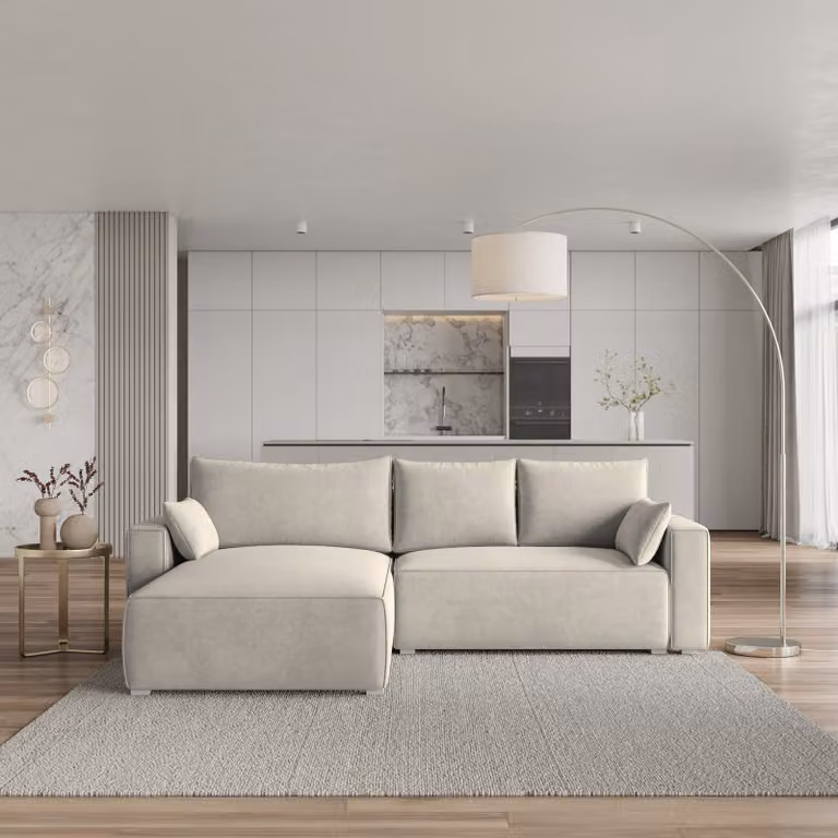 Divano angolare Masseno FORIL con funzione letto a L, divano con box letto, divano da salotto, divano, divano letto, set divano crema, MONOLITH 04