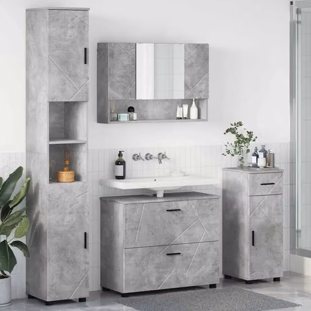 Set di mobili per il bagno vidaXL 4 pezzi in stile minimalista, colore grigio e nero, composto da mobile lavabo, armadietto con specchio, mobile laterale e colonna alta, L/P/H: 35 x 30 x 192 cm – 1